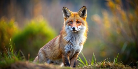 A photo of a majestic fox standing alertly in the wilderness, with its ears perked up and eyes focused ahead, wildlife, nature