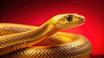 Fototapeta premium Close-up of a majestic gold snake against a vibrant red background, snake, gold, reptile, scales, slithering, serpent, elegant