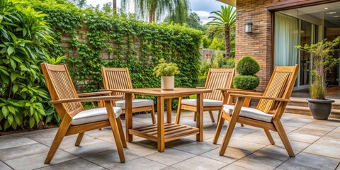 Outdoor patio with wooden armchairs and table, outdoor, patio, wooden, armchairs, table, relaxation, seating, furniture, backyard