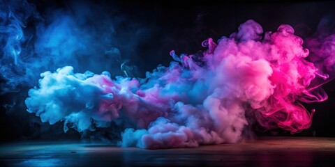 Fototapeta premium Pink and blue smoke billows from a dark room, smoke, colorful, abstract, haze, background, ethereal, swirling, mysterious