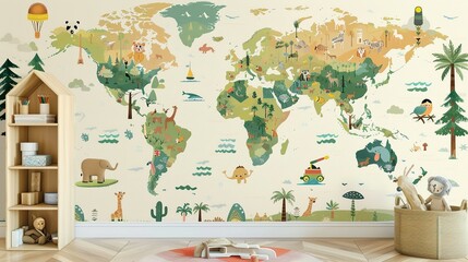 Jungle Photo Wallpaper for Children's Wall Decor: A Drawn Map of the World in Russian for a Children's Room Design