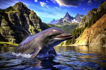 A Dolphin Leaping Out of the Water in Front of a Mountain Range