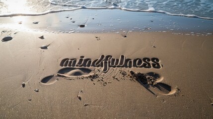 Mindfulness Written in Sand on a Beach