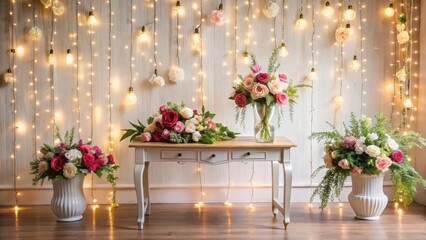 Festively decorated studio boudoir table adorned with flowers , festive, decorated, studio, boudoir