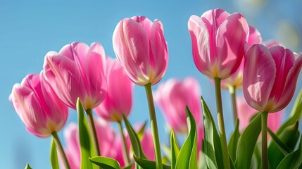 Fototapeta premium Pink Tulips Blooming Against a Blue Sky