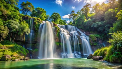 Obraz premium Majestic waterfall flowing through lush forest with clear blue sky in the background, tree, sky, waterfall, nature