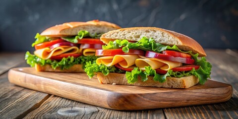Close-up of two sandwiches on a wooden cutting board on a table, sandwiches, food, lunch, delicious, fresh, homemade, bread