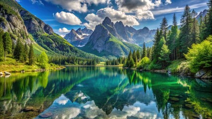 Mountain lake surrounded by towering peaks and lush greenery, mountain, lake, water, reflection, scenic, landscape, nature