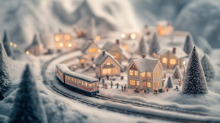 Miniature model train set, winter christmas scene