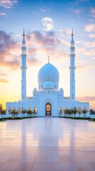 Obraz premium Stunning mosque under a twilight sky with a full moon, showcasing intricate architecture and serene beauty in a peaceful landscape.