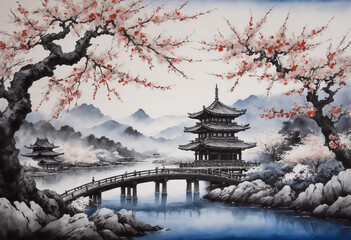 Obraz premium 池に橋が架かりその両側に大きな満開の桜の木が生え奥には仏塔,AI画像,Generative AI