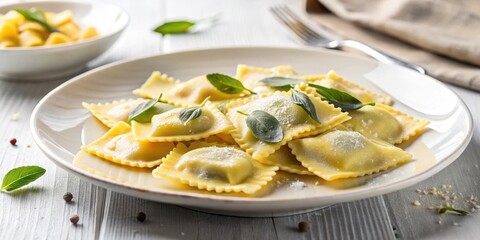 Ravioli pasta with parmesan cheese and sage on a white plate, Italian cuisine, pasta, ravioli, parmesan cheese, sage, gourmet