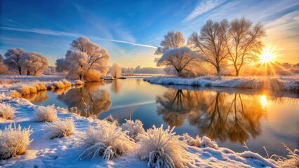 Enchanting landscape of icy frost and warm sunlight creating a mesmerizing atmosphere , winter, frost, sunlight