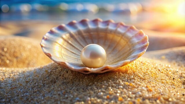 A glistening pearl nestled within a delicate shell resting on sandy beach , pearl, shell, beach, sand, ocean, treasure