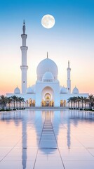 Naklejka premium Stunning view of a grand mosque at sunset with a full moon illuminating the serene landscape and reflecting on the marble surface.