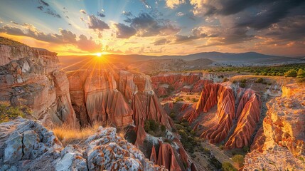 Dramatic Sunset Over Red Rock Formations in Turkey