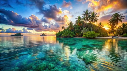 Obraz premium Tranquil seascape of the Pacific Islands with crystal-clear waters, lush greenery, and a vibrant sunset , Pacific Islands