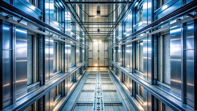 A deep elevator shaft with visible walls and cables , deep, elevator, shaft, vertical, perspective, industrial, construction