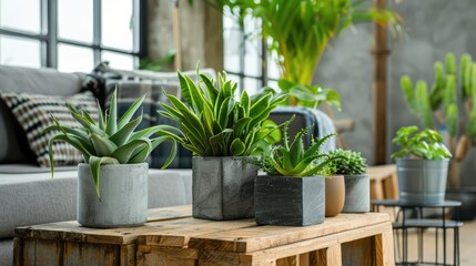 Modern loft living room with green plants in concrete pots on aged wooden box.