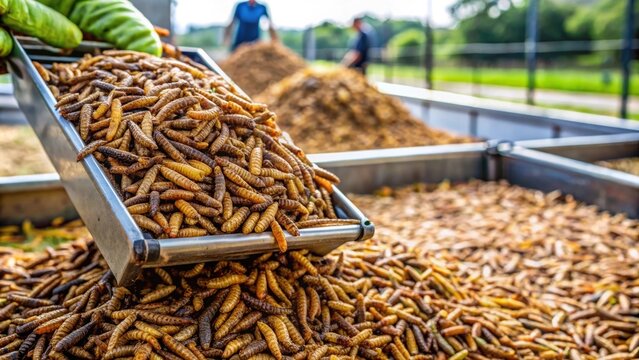 Black soldier fly larvae being harvested at an insect farm for animal feed , insect farm, larvae