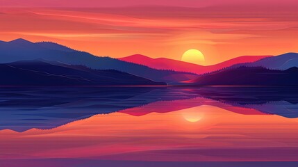 Fototapeta premium Sunset over Mountain Range Reflected in Calm Lake