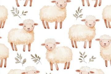 Obraz premium A charming pattern featuring cute sheep amidst delicate foliage, perfect for children's decor and playful designs.