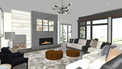 Fototapeta premium Modern Living Room with Fireplace and Large Windows