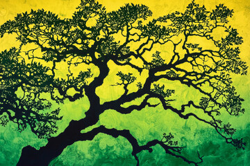 Fototapeta premium A stylized silhouette of a tree against a gradient yellow-green background, emphasizing nature's beauty.