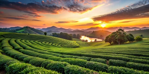 Beautiful sunset over Chui Fong tea plantation in Chiang Rai, Thailand, sunset, Chui Fong, tea plantation, Chiang Rai, Thailand