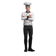 Culinary 3D Cartoon. A male chef stands with his arms crossed while pointing to the side. Male Chef