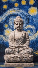 A peaceful Buddha statue placed in front of a Van Goghstyle starry sky