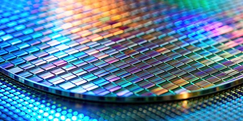 Close-up of a silicon semiconductor wafer for integrated circuit fabrication, silicon, semiconductor, wafer - obrazy, fototapety, plakaty