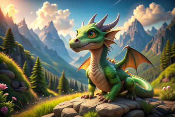 Obraz premium A Friendly Green Dragon Perched on a Mountain Rock