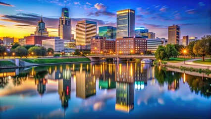 Obraz premium Downtown Omaha skyline at dusk with illuminated buildings and reflections in the Missouri River, Omaha, Nebraska