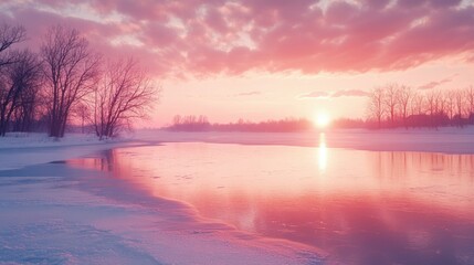 Pink Sunset Over a Frozen River and Silhouetted Trees