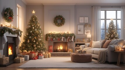 Naklejka premium christmas tree with fireplace