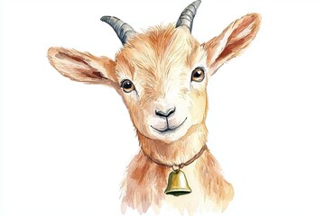 Charming watercolor illustration of a goat, featuring a playful expression and a bell around its neck, perfect for farm-themed designs.