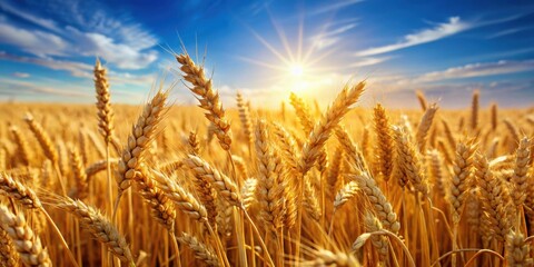 Wheat field under the bright sun, close-up of golden ears of wheat , agriculture, farming, grain, crops, growth, sunny