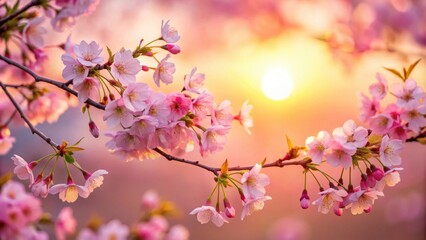 Obraz premium Delicate pink cherry blossoms hanging against a soft sunset background, cherry blossoms, pink, delicate, flowers, sunset