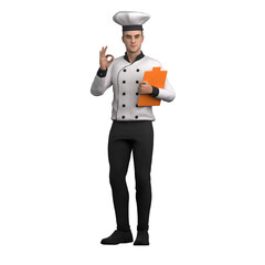 3D Illustrative Male Chef. A male chef stands holding an orange clipboard in his left hand, while his right hand makes an 