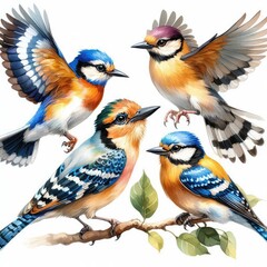 Fototapeta premium watercolor painting of 4 birds colour illustration white background