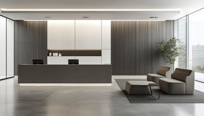 Modern reception area with sleek furniture, large windows, and a minimalist design for welcoming visitors.