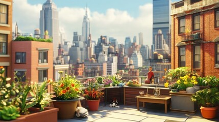Fototapeta premium Rooftop Garden in the City with Cityscape in the Background