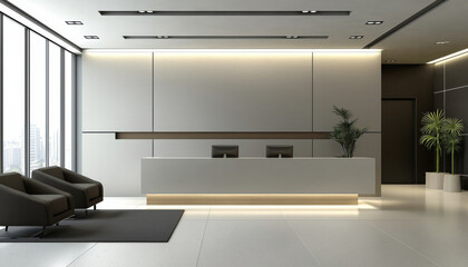 Modern office reception area with sleek design, minimal furniture, and large windows offering natural light.