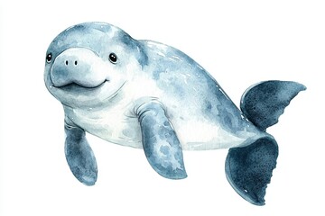 Whimsical illustration of a smiling manatee underwater, showcasing its gentle nature and aquatic charm in vibrant watercolor style.