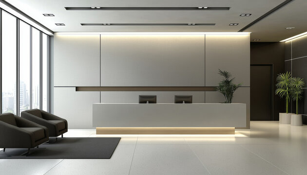 Modern office reception area with sleek design, minimal furniture, and large windows offering natural light.