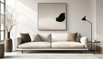 Minimalist Living Room with White Sofa and Black Abstract Art