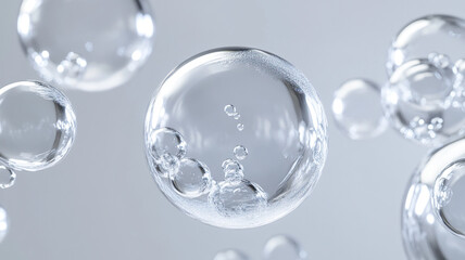 Clear soap bubbles floating gracefully in a bright atmosphere, capturing light and reflections
