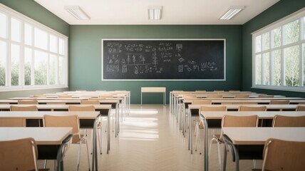 A bright, modern classroom featuring desks, chairs, and a large blackboard, perfect for educational concepts and settings.