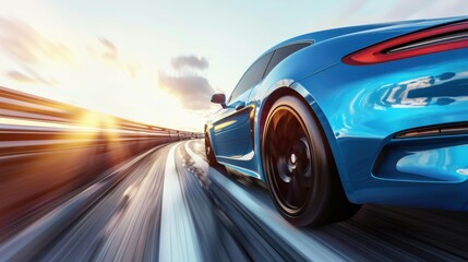 Rear view of a blue business car speeding through a turn on a high-speed highway. The car is in motion, showcasing its dynamic design and performance.

